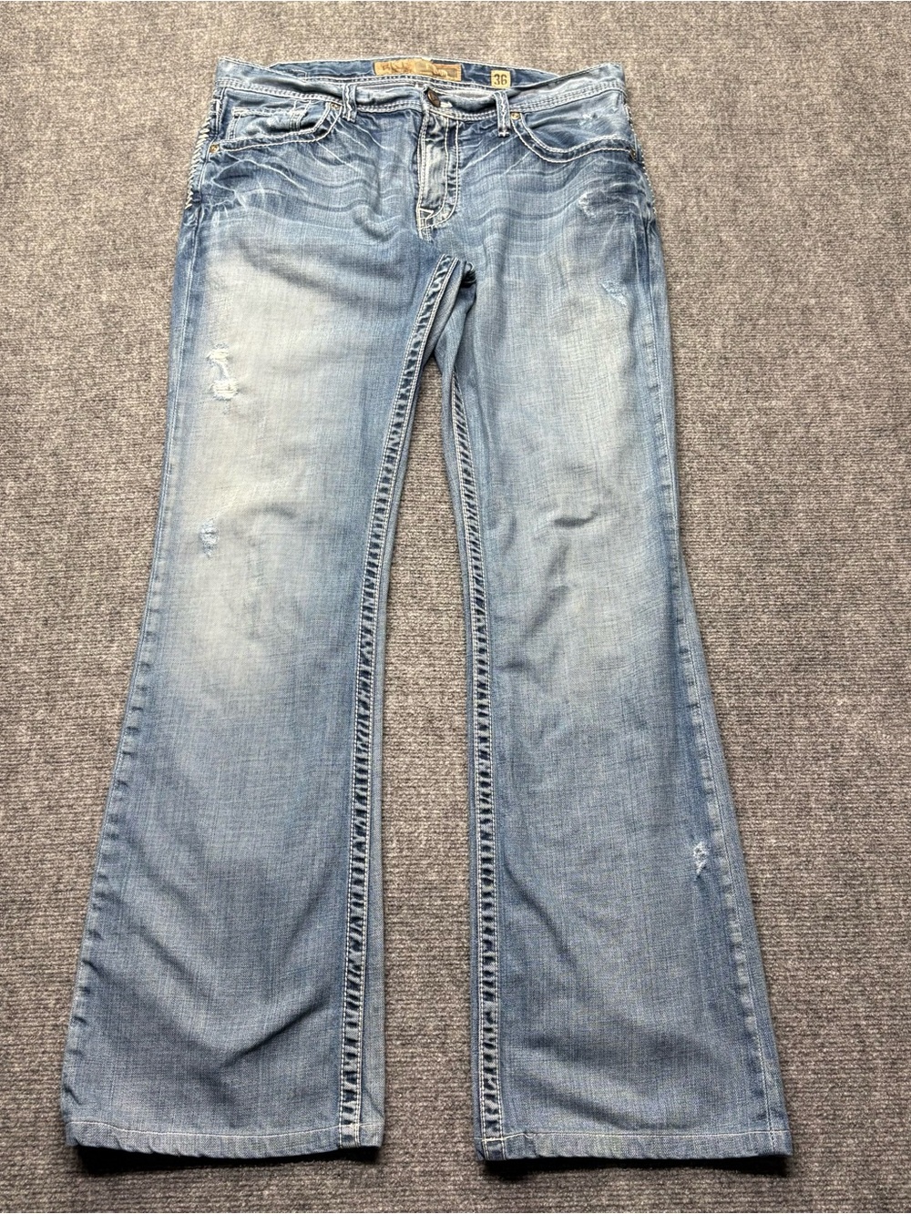 BKE Fulton Bootcut Jeans Mens 36x34 Blue Distressed Heavy Stitch Flap Pocket